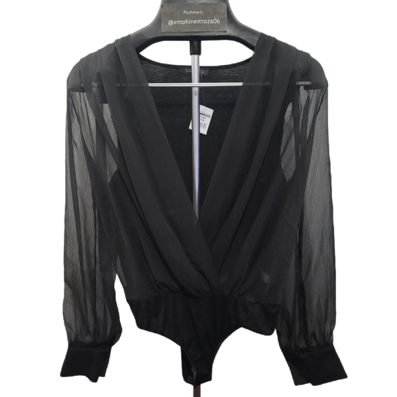 CQ by CQ New Black Sheer Faux Wrap Bodysuit - Picture 2 of 6